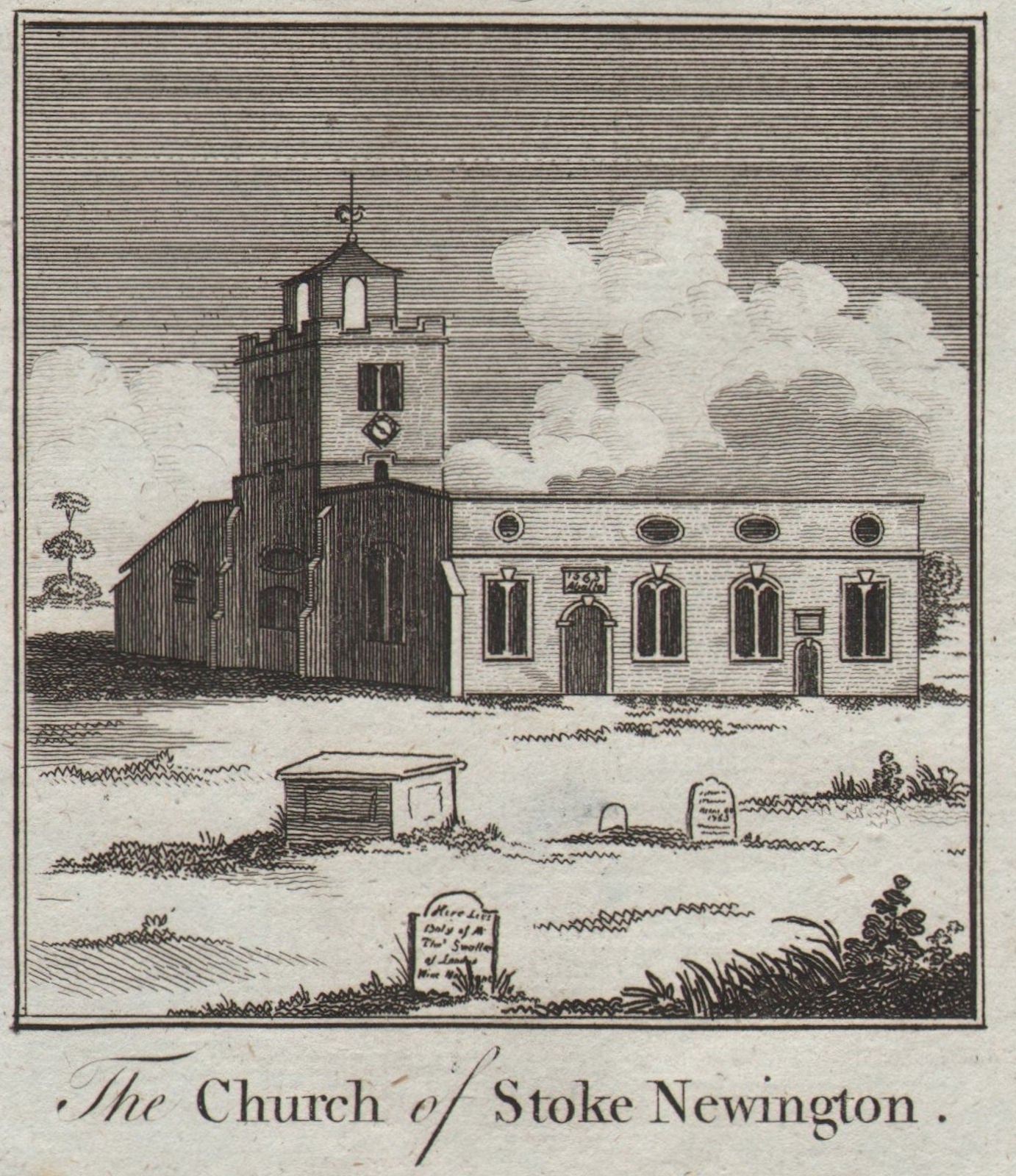 The Old church of St. Mary, Stoke Newington. SMALL. THORNTON 1784 print